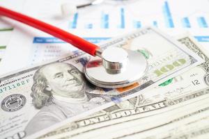 stetoskop och US-dollarsedlar på diagram- eller diagrampapper, finans-, konto-, statistik- och affärsdata medicinsk hälsokoncept. foto