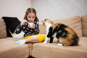 liten flicka utfodra de katt med yoghurt från en sked på Hem. foto