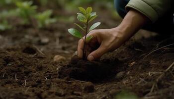 en person plantering träd eller blommor, bidrar till de global ansträngning till återskogning och Återställ naturlig livsmiljöer. generativ ai foto
