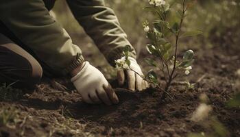 en person plantering träd eller blommor, bidrar till de global ansträngning till återskogning och Återställ naturlig livsmiljöer. generativ ai foto