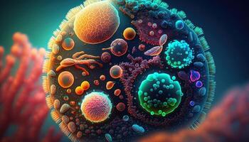 bakterie och virus celler värld under de mikroskop skapas med generativ ai teknologi foto