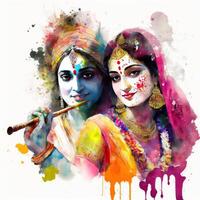 krishna radha holi färgrik vit bakgrund målning generativ ai foto