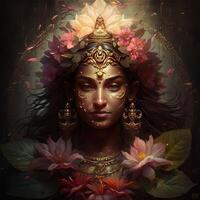 hindu indisk skön gudinna lakshmi huvud morphing in i blomma generativ ai foto