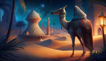 bild av arab nätter med kamel och lampor generativ ai foto