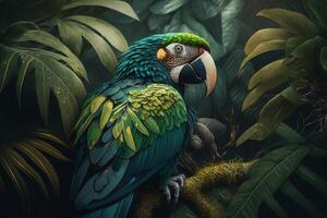 grön skön papegoja omgiven förbi löv generativ ai foto