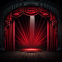 mörk teater skede med röd gardiner och strålkastare foto