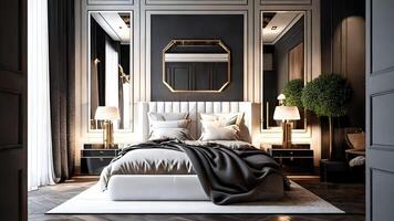 interiör av en klassisk hus, en sovrum med en stor säng och mörk trä- möbel, generativ ai. foto