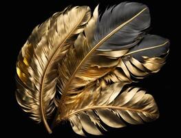platt lägga fågel fjädrar reste sig guld paljetter och strass svart trä textur holografiska hög detalj topp se skapas med generativ ai teknologi foto