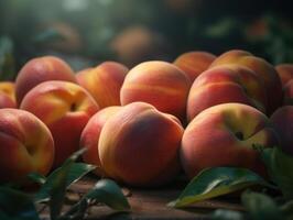 skön organisk bakgrund av nyligen plockade persikor skapas med generativ ai teknologi foto