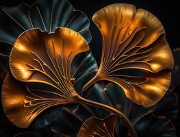 gingko biloba gyllene löv mörk bakgrund skapas med generativ ai teknologi foto
