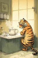 trött tiger är dricka kaffe tecknad serie stil målning foto