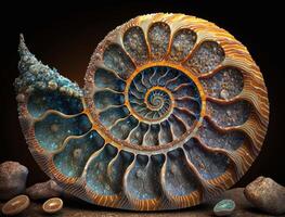 ammonit fossil bakgrund skapas med generativ ai teknologi foto