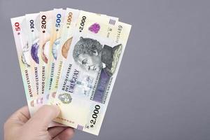 uruguayanska pesos i de hand på en grå bakgrund foto
