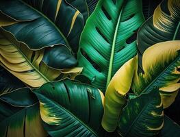 abstrakt grön tropisk banan och monstera löv bakgrund skapas med generativ ai teknologi foto