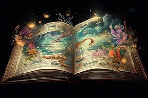 öppen magisk bok med fantasi landskap över sidor. generativ ai foto