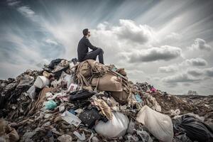 man Sammanträde på topp av enorm dumpa med en massa av plast avfall. miljö- förorening. generativ ai foto