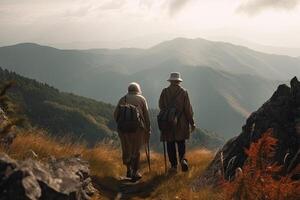 senior par vandring i berg. äldre turister med cykelpaket reser generativ ai foto