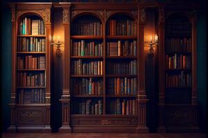 trä- privat bibliotek med en stor samling av böcker. ai genererad foto