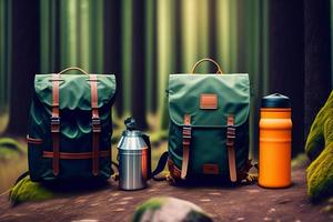 turist camping Utrustning med ryggsäck, kamera och flaska på grön gräs. foto