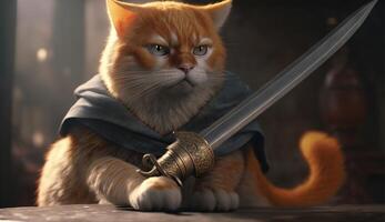 krigsherre katt innehav en krig svärd ai genertaiv foto