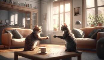 två katter är spelar i de levande rum ai genertaiv foto