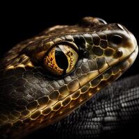 ansikte av en orm på svart bakgrund generativ ai foto