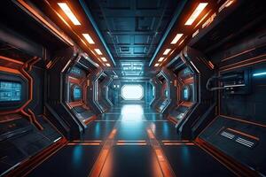 trogen korridor hall tunnel med neon ljus. hi-tech sci-fi passage rymdskepp bakgrund ai genererad foto