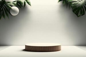 minimalistisk tömma runda trä- podium produkt monter visa med tropisk växter genererad ai foto