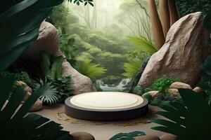 platt cirkel runda podium plattform produkt visa presentation tropisk natur skog tillverkad med generativ ai foto