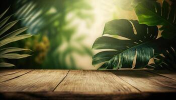 tömma trä- tabell topp med en suddigt bakgrund med tropisk växter bakgrund foto