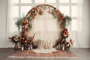 bröllop bakgrund estetisk blomma dekoration inomhus- studio bakgrund ai genererad foto