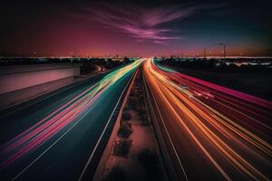 trafik neon färgrik ljus lampa lång exponering stad fotografi snabb tillverkad med generativ ai foto