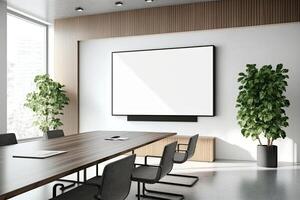 interiör av modern kontor möte rum svart och vit med trä- möbel konferens tabell med svart stolar och falsk upp tillverkad med generativ ai foto
