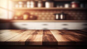 tömma trä- tabell produkt monter suddigt kök bakgrund tillverkad med generativ ai foto