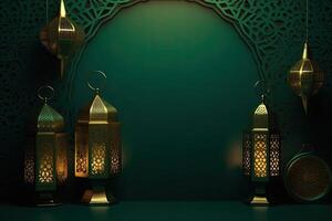 islamic lykta gyllene och grön lyx prydnad ramadan kareem firande ai genererad foto