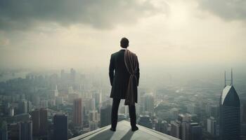 en företag person stående topp en skyskrapa, ser ut över de stad med en superhjälte utgör. generativ ai foto