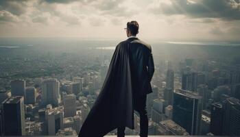 en företag person stående topp en skyskrapa, ser ut över de stad med en superhjälte utgör. generativ ai foto