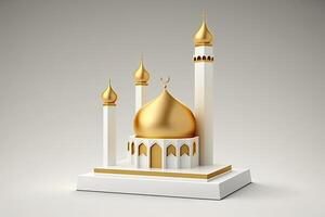 islamic ramadan guld och vit moské på vit enkel bakgrund tillverkad med generativ ai foto