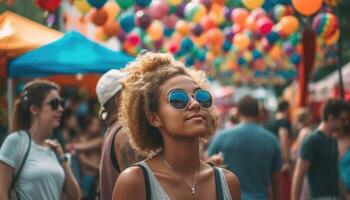 någon njuter en sommar festival med folkmassor av människor och färgrik dekorationer. generativ ai foto