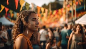 någon njuter en sommar festival med folkmassor av människor och färgrik dekorationer. generativ ai foto