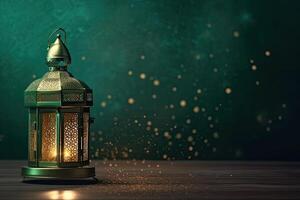 islamic lykta står med ljus ljus och arab prydnad, ramadan kareem grön bakgrund genererad ai foto