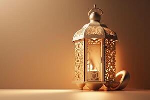 islamic guld lykta står med ljus ljus prydnad ramadan kareem grön bakgrund genererad ai foto