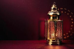 islamic lykta står med ljus ljus och arab prydnad, ramadan kareem rödbrun bakgrund genererad ai foto