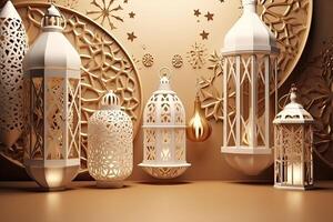 islamic lykta gyllene och vit lyx skinande prydnad ramadan kareem firande bakgrund ai genererad foto