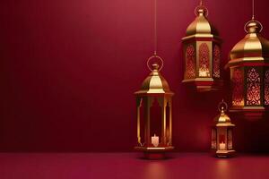 islamic lykta gyllene och rödbrun lyx prydnad ramadan kareem firande bakgrund ai genererad foto