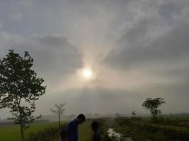 skön landskap av soluppgång ögonblick i en vegetabiliska fält i Bangladesh, Asien foto