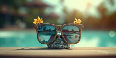 solglasögon på en tropisk strand och hav, sommar festlig bakgrund. generativ ai foto