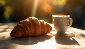 croissant och kaffe på de tabell. solig morgon, gata se i de bakgrund. generativ ai foto