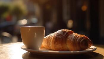 croissant och kaffe på de tabell. solig morgon, gata se i de bakgrund. generativ ai foto