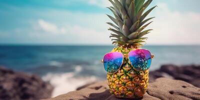 ananas med solglasögon på tropisk hav sommar bakgrund. generativ ai foto